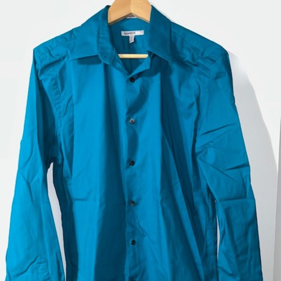 Express Shirt Mens Large L Teal 16-16.5 Solid Button Up Long Sleeve Fitted EUC - Picture 1 of 3